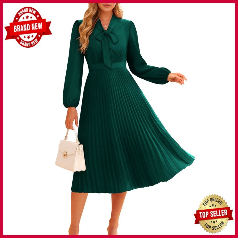 V Neck Pleated A Line Midi Dress Long Sleeve Elegant Business Casual Flowy